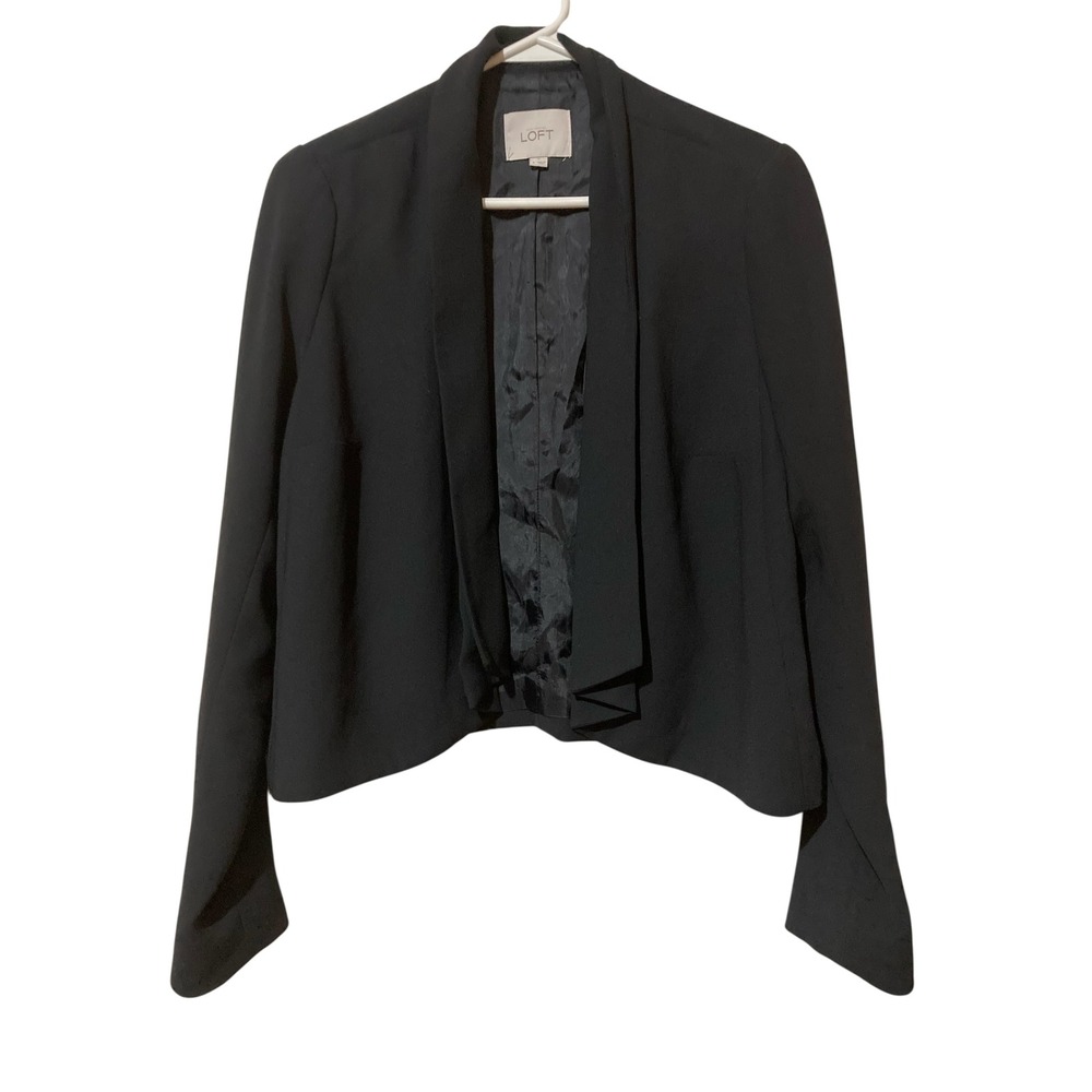 Ann Taylor‎ LOFT Black Open Front Cropped Blazer Jacket Womens Size 6 Shawl